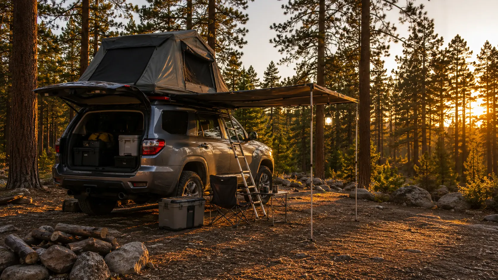 SUV at a quiet forest campsite at golden hour, rooftop tent and awning open, organized vehicle camping gear