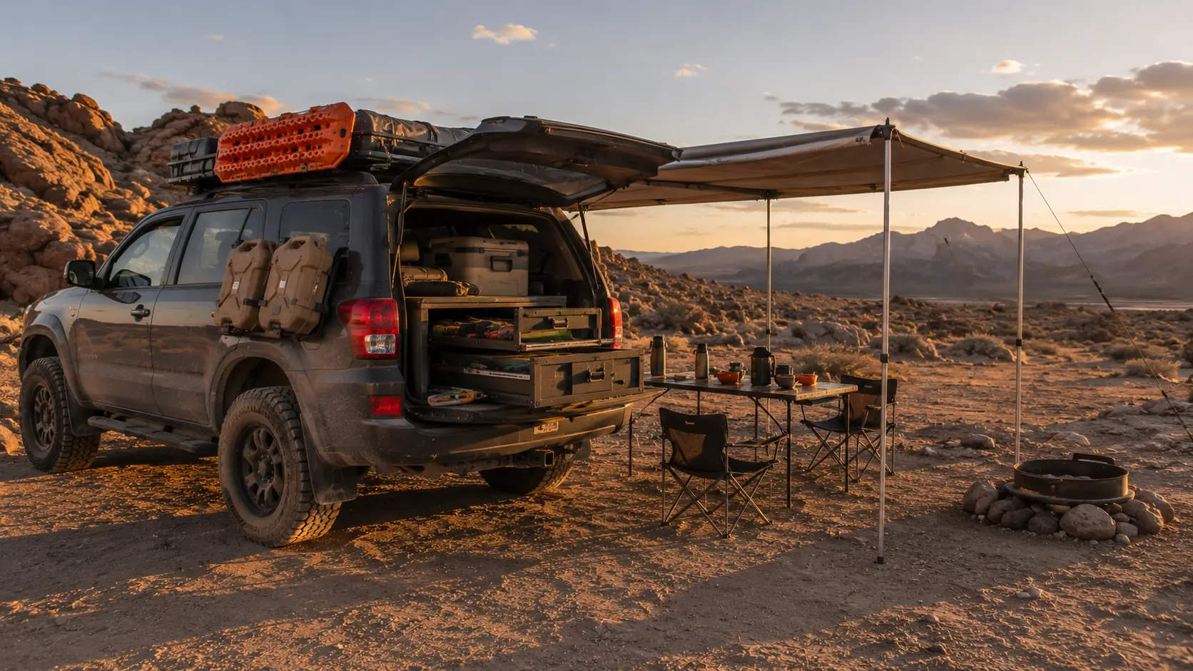 Vehicle camping accessories including awning, roof rack, drawers, and recovery gear