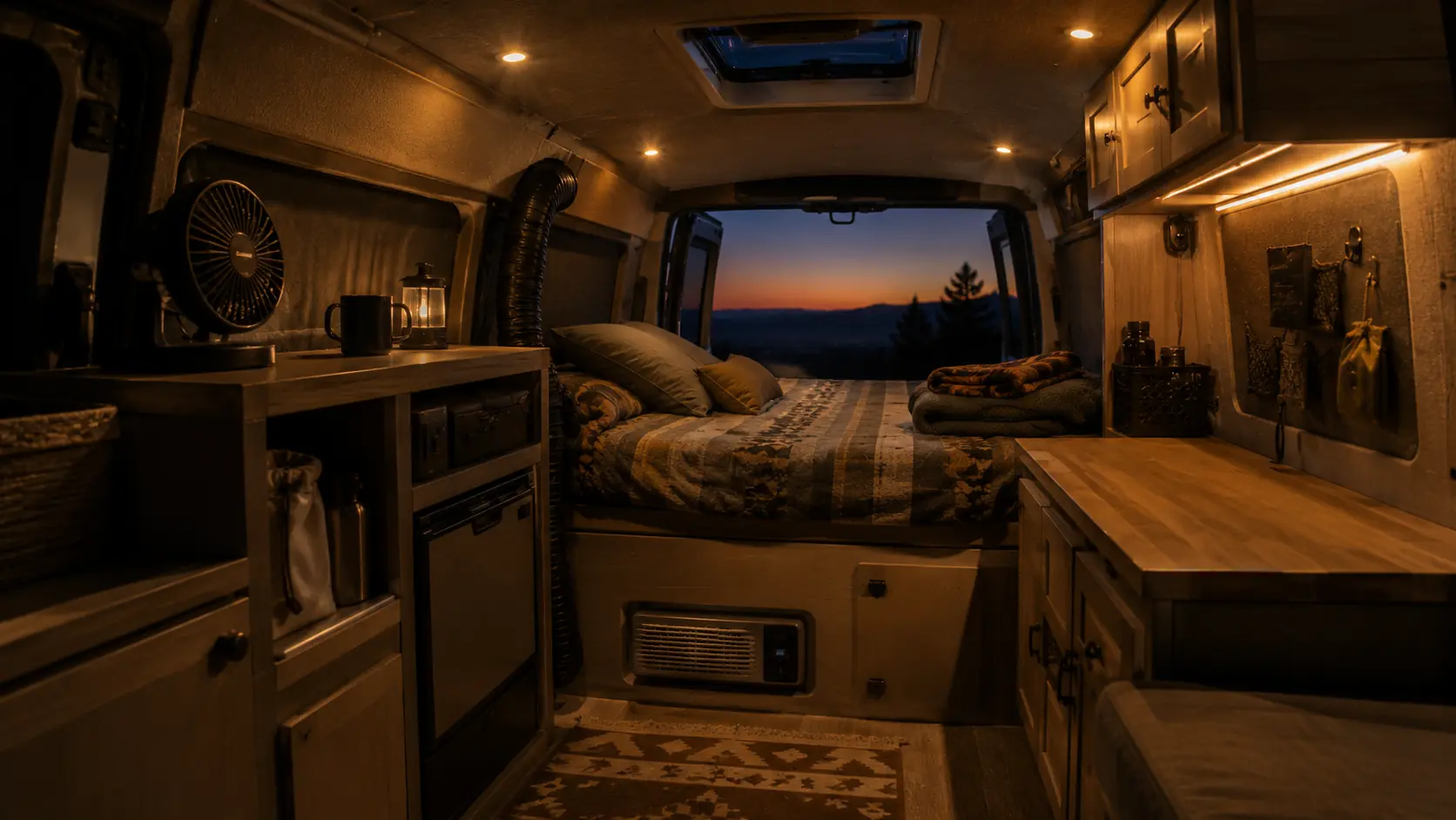 Warm vehicle camping interior with safe ventilation and camp lighting