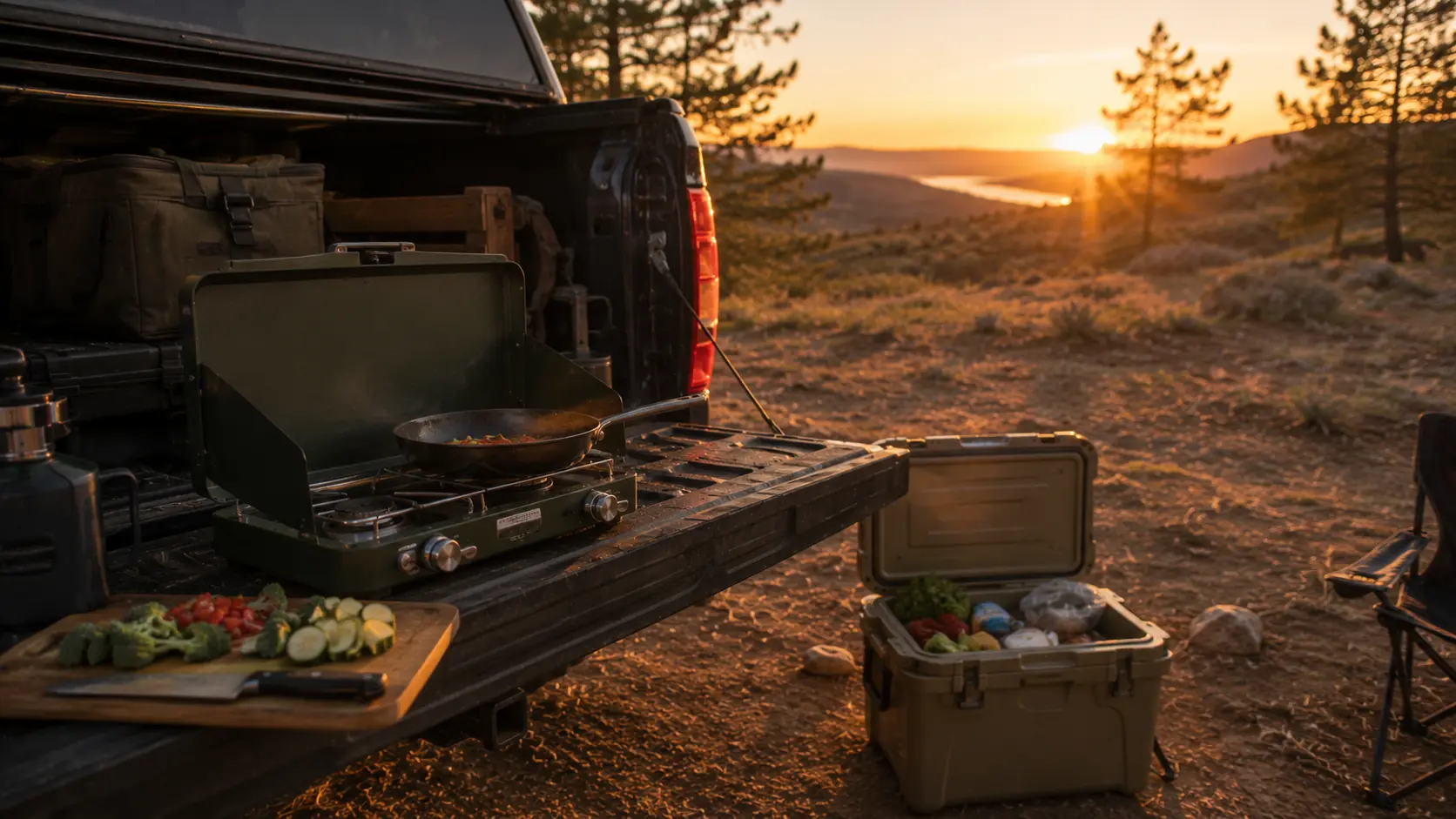 Organized camp kitchen with stove, cooler, and cooking gear at a vehicle campsite