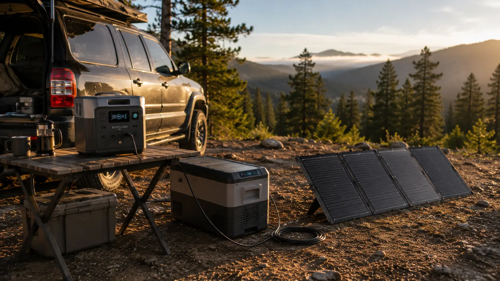 Solar panel and portable power station beside a vehicle camping setup