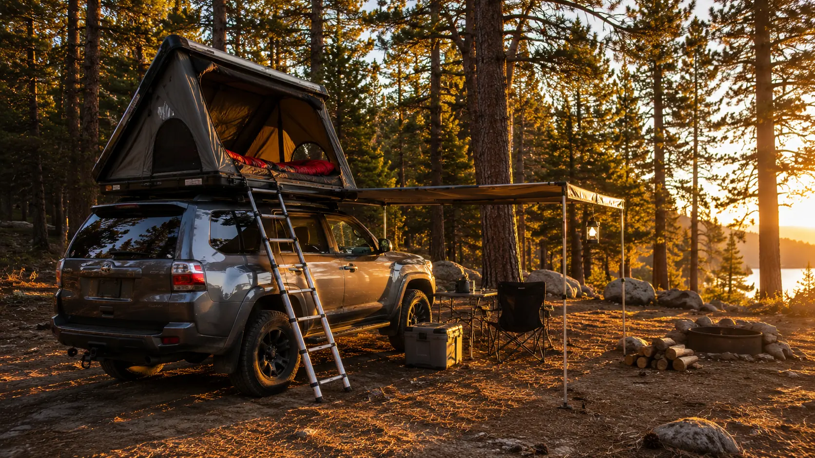 SUV with a rooftop tent open at a quiet forest campsite