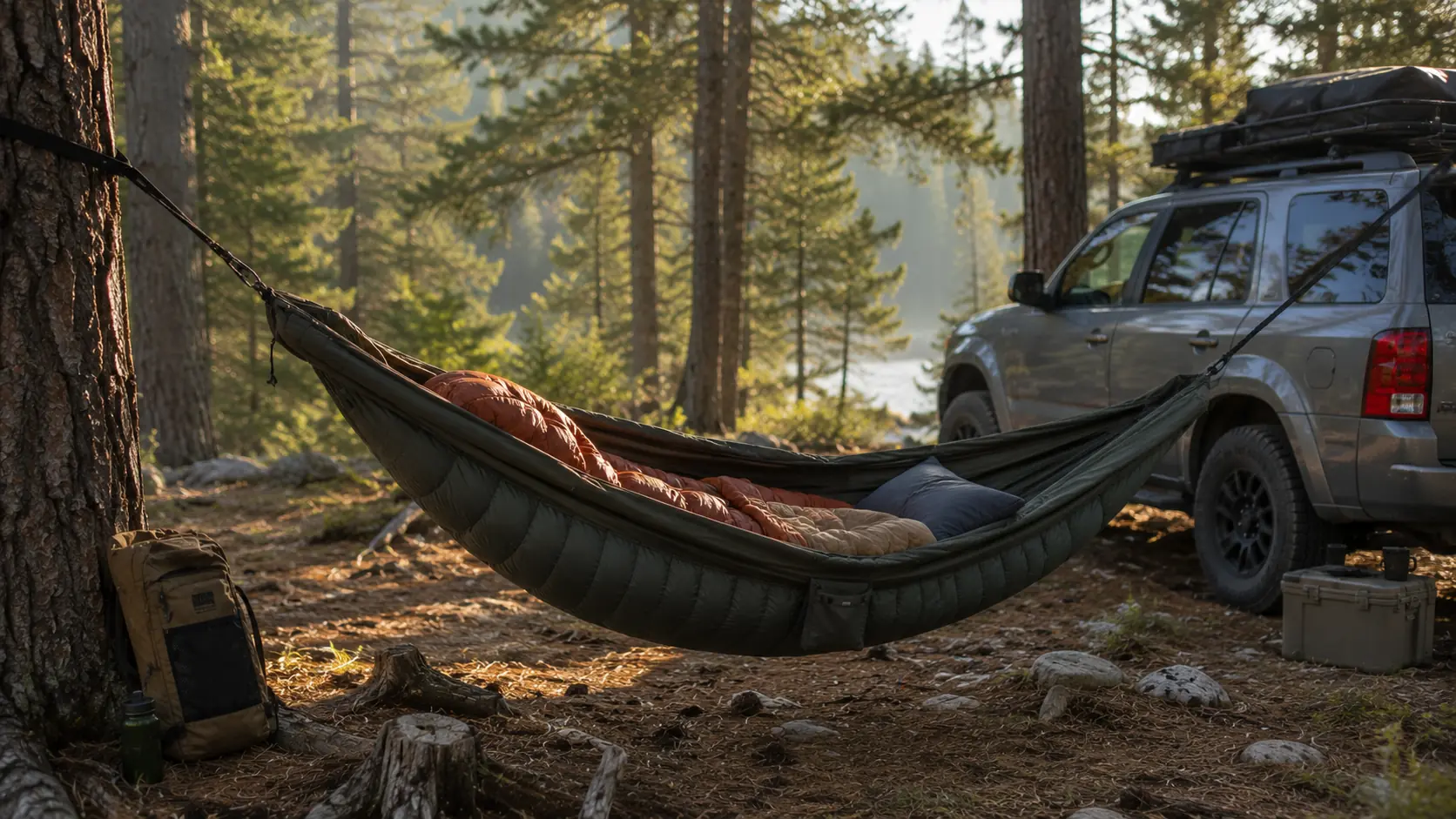 Comfortable vehicle camping sleep setup with hammock and bedding