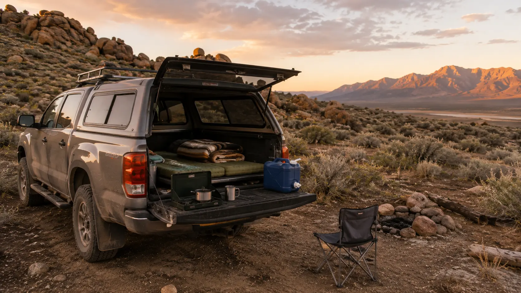 Pickup truck with a practical truck-bed camping setup at camp