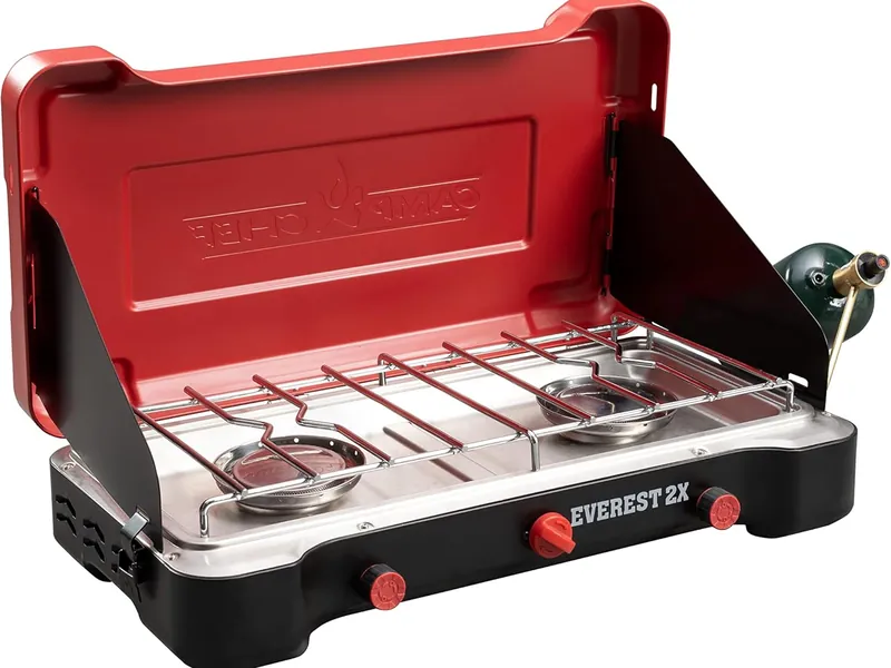 Camp Chef Everest 2X two-burner propane camping stove with the lid open